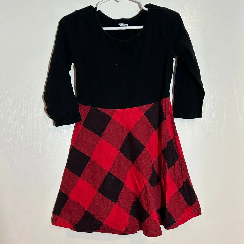 Old Navy Girls XS 5‎ Black Red Buffalo Plaid Long Sleeve Fit and Flare Dress